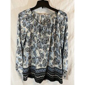 Notations Women’s Small Blue Black Floral Print Long Sleeve Blouse